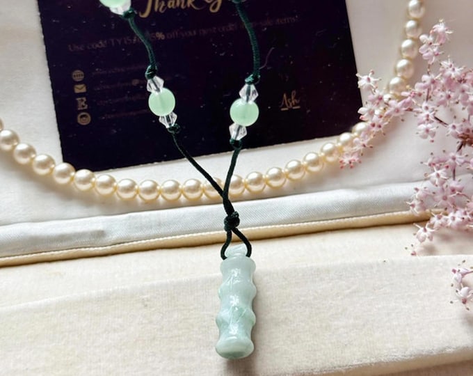 Green Bamboo Pendant Necklace with Jade‑Style Beads – Carved Statement Piece