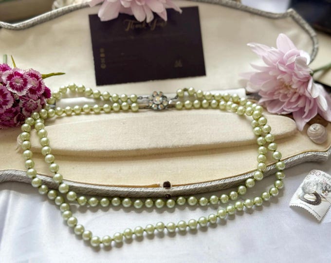 Double Strand Pistachio Glass Pearl Necklace Missing Stone on Clasp