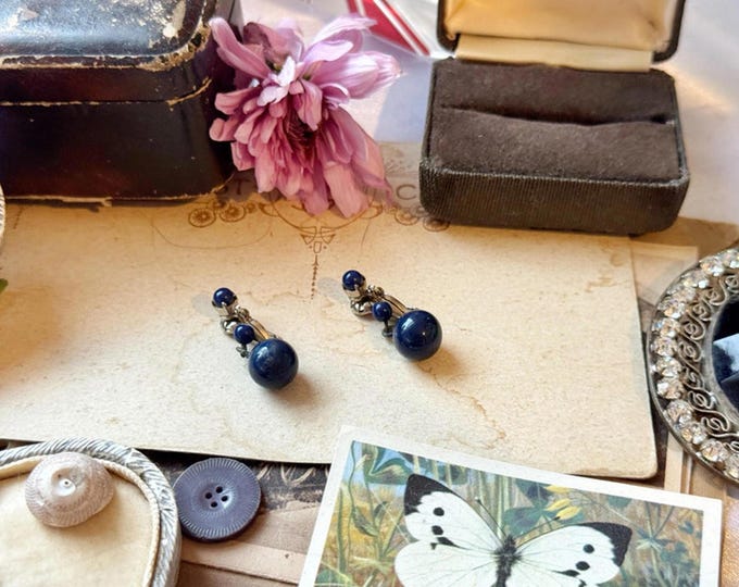 Vintage Navy Blue Drop Clip-On Earrings