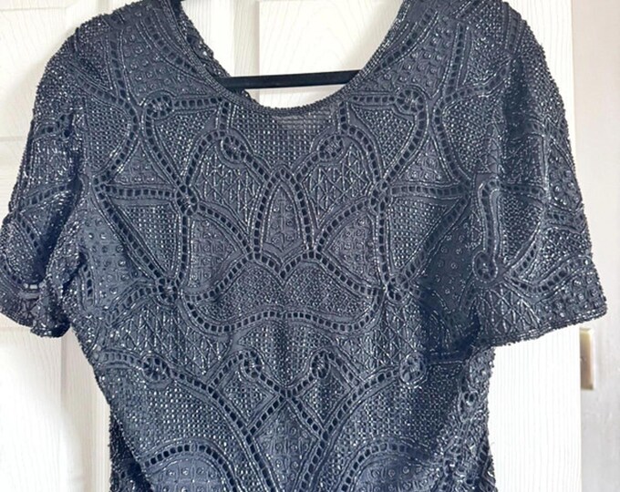 Vintage black silk beaded top with sequins and geometric lace overlay