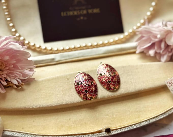 Pair of Floral Cloisonné-Style Oval Charms – Pink & Gold Enamel Pendants