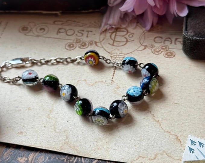 Vintage millefiori-style glass floral bead bracelet