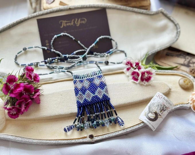 Vintage Handmade Beaded Amulet Bag Necklace Blue and Lilac