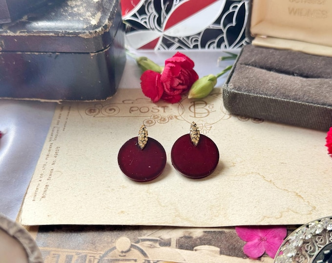 Vintage Deep Red Acrylic Disc Earrings with Rhinestone Tops  Lightweight