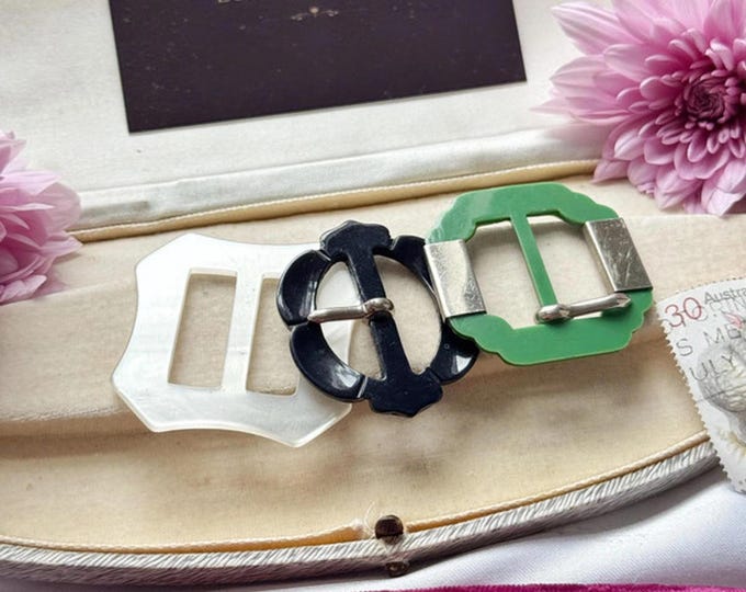 Set of 3 Vintage Buckles – Black, Green &  Faux Pearl Lucite Look