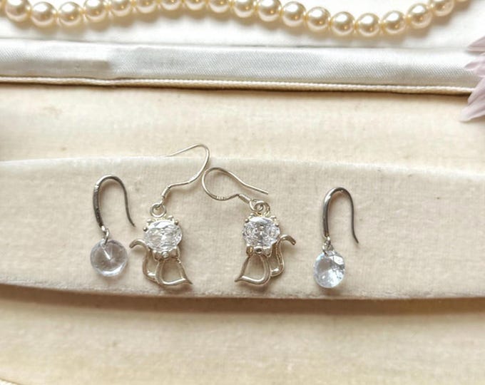 Sterling silver cat and crystal drop earrings – quirky mix-and-match pair