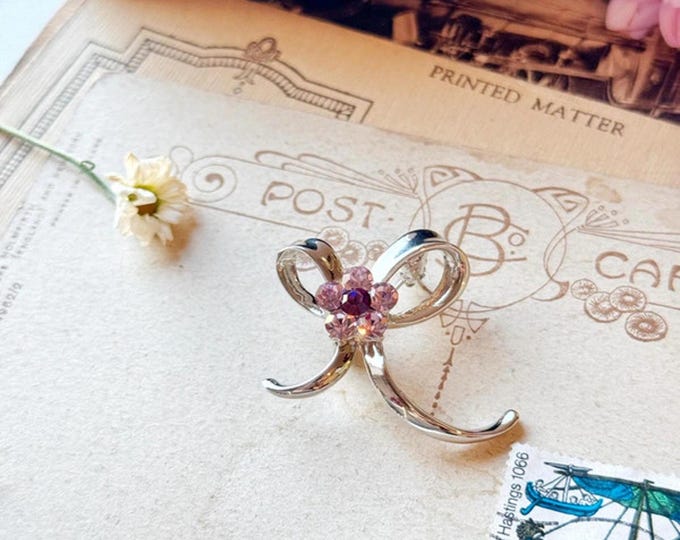 Vintage Silver-tone Bow Brooch with Purple & Pink Rhinestones, Costume Jewellery