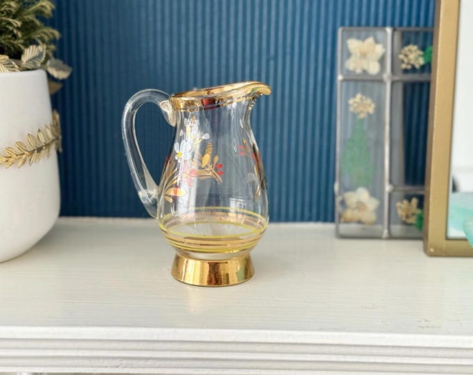 Vintage Floral Hand‑Painted Glass Milk Jug with Gold Gilt – Mid‑Century Creamer