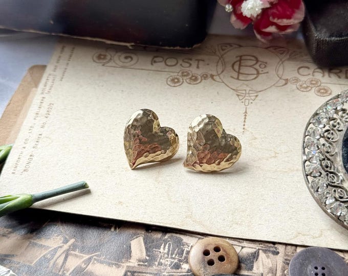 Chunky Hammered Gold-Tone Heart Studs – Bold Vintage Style