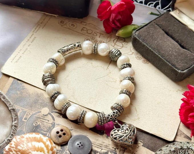 Real Pearl-Look Beaded Stretch Bracelet with Heart Charm – Repurpose or Wear