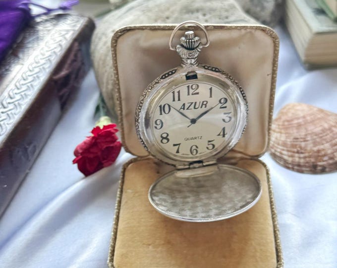 Silver Tone Quartz Pocket Watch Floral Engraved with 'Forever Yours' Inscription