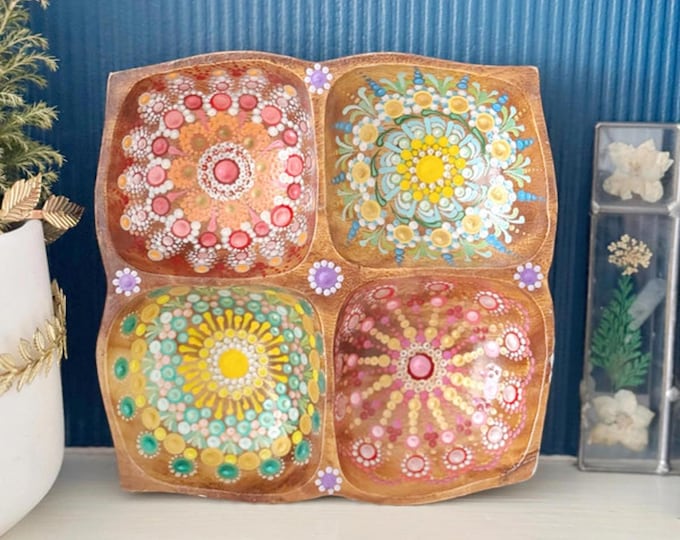 Vintage Wooden Tray Hand‑Painted Mandala, Upcycled Colourful TrinketStorage Tray