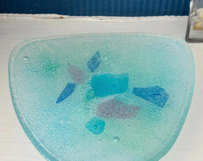 Sea‑Mist Textured Fused‑Glass Dish – Abstract Blue Tray, Home Accent