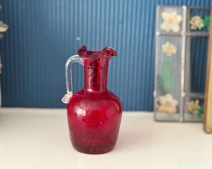 Vintage Ruby‑Red Crackle Glass Jug – Mini Pitcher with Clear Handle