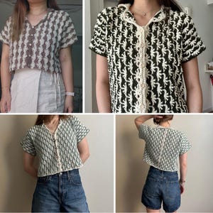 May include: Crocheted short-sleeve shirts in various colors, including brown and white, green and white, and dark green and white. The shirts have a button-up front and a collared neckline. The crochet pattern is a repeating geometric design.