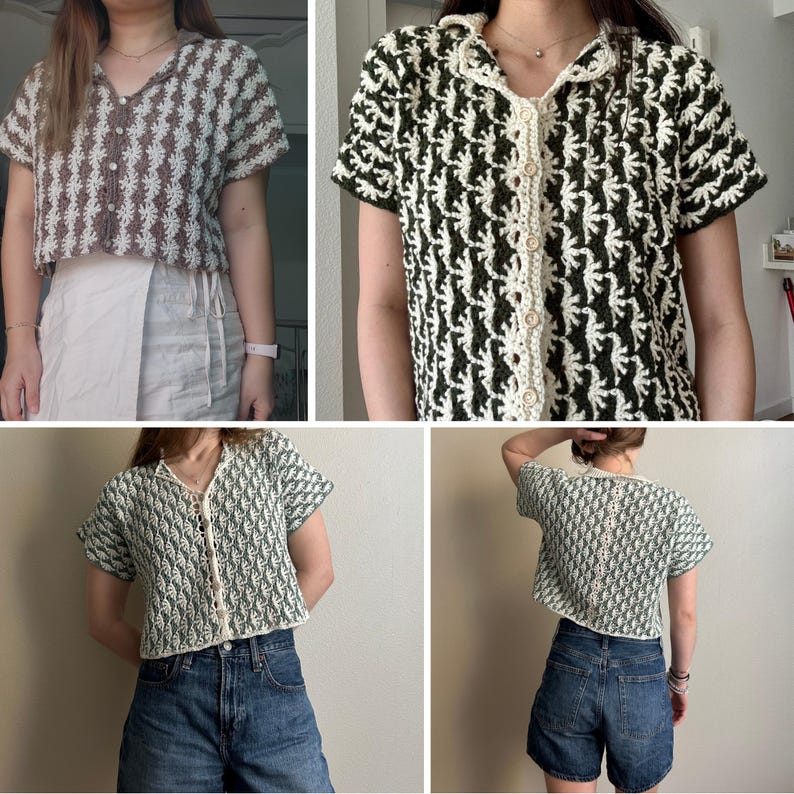May include: Crocheted short-sleeve shirts in various colors, including brown and white, green and white, and dark green and white. The shirts have a button-up front and a collared neckline. The crochet pattern is a repeating geometric design.
