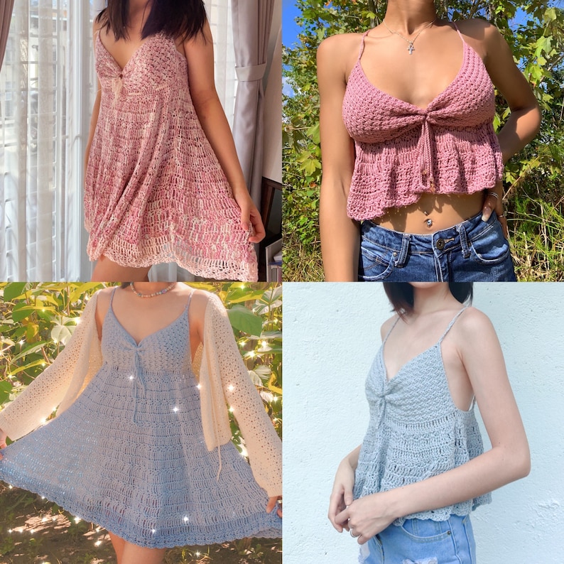 Puede incluir: Cuatro tops de crochet diferentes en varios colores y estilos. Los tops est&aacute;n hechos con un delicado punto de crochet y presentan una variedad de escotes y tirantes.