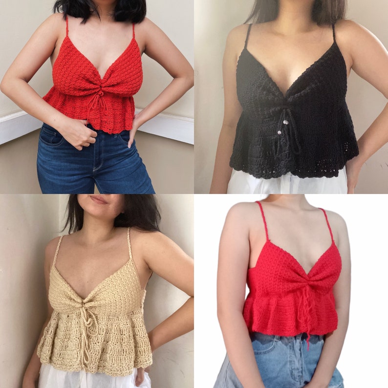 Puede incluir: Tres tops de crochet en diferentes colores: rojo, negro y beige. Cada top tiene un escote en V, tirantes ajustables y un dobladillo con volantes.