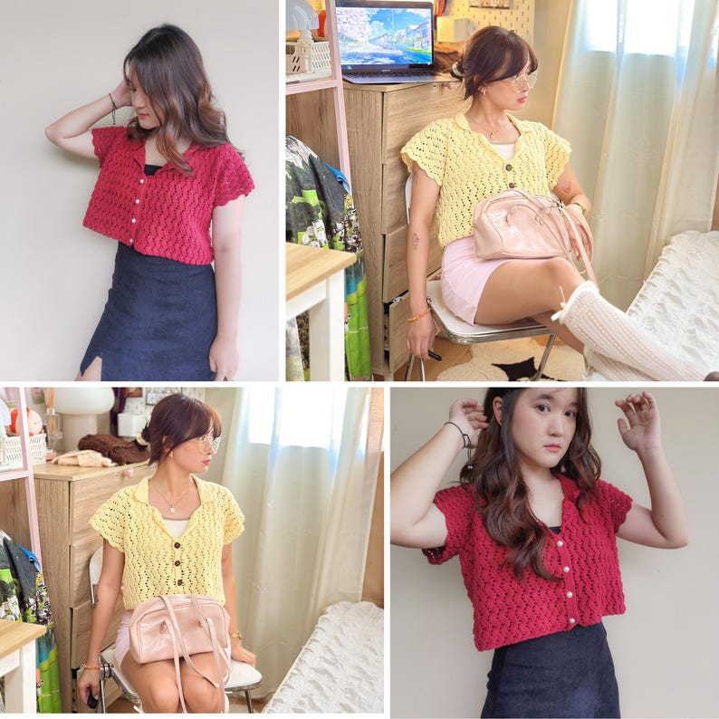 May include: Three different women are wearing crocheted tops in red and yellow. The tops are short-sleeved and have a button-up front. The women are wearing different skirts and are posing in different ways.