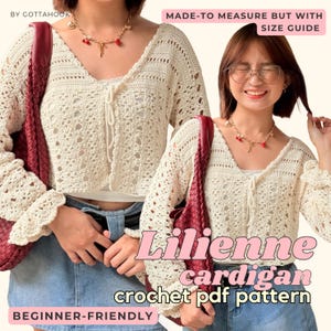 May include: Cream-colored crochet cardigan with a V-neck and bell sleeves. The image includes the text "Lilienne cardigan crochet pdf pattern" and "Beginner-Friendly". The cardigan is made-to-measure with a size guide.