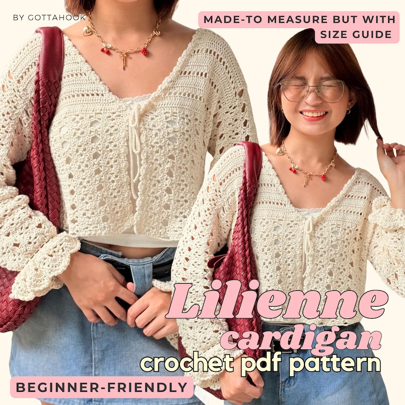 May include: Cream-colored crochet cardigan with a V-neck and bell sleeves. The image includes the text "Lilienne cardigan crochet pdf pattern" and "Beginner-Friendly". The cardigan is made-to-measure with a size guide.