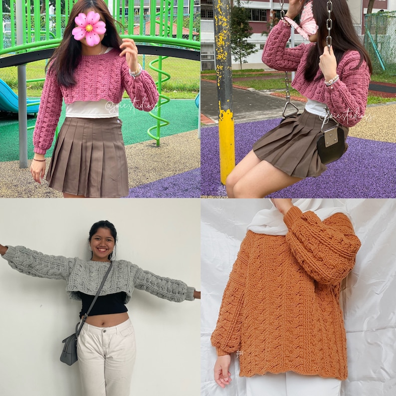 以下が含まれることがあります： 4人の異なる女性が、さまざまなスタイルのニットセーターを着ています。セーターはすべてクロップド丈で、ざっくりとしたニットの質感です。セーターの色は、ピンク、グレー、オレンジなど、さまざまです。