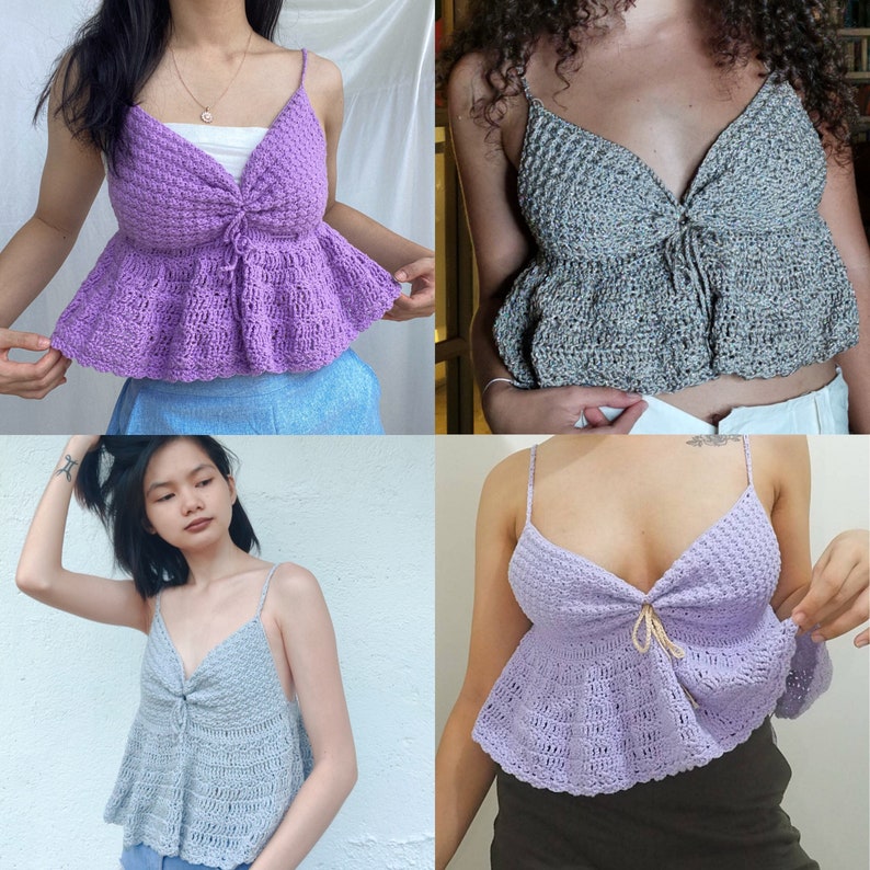 Puede incluir: Cuatro tops de crochet diferentes en varios tonos de morado y gris. Los tops son sin mangas y tienen un dobladillo con volantes. Est&aacute;n hechos con un punto de crochet delicado.