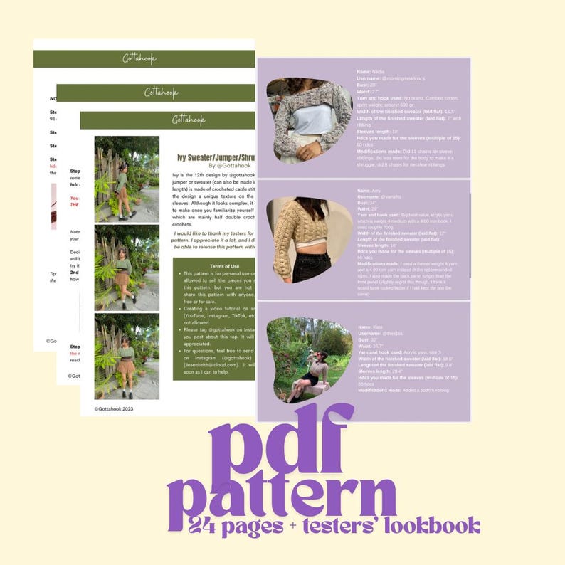 以下が含まれることがあります： 「アイビー」と呼ばれる、ゴッタブックによるセーター、ジャンパー、またはショールのデジタルクロシェパターン。パターンには24ページと、完成した衣服を着たテスターの写真が掲載されたルックブックが含まれています。