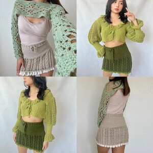 May include: A set of three crochet tops in green and beige. The tops are made with a delicate openwork pattern and feature a cropped style. The tops are shown on three different models.