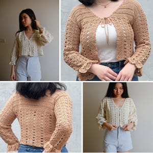May include: Crochet cardigans in cream and tan. The open-weave, long-sleeved tops feature a V-neck and ruffled cuffs. The tan cardigan has a tie closure. The cream cardigan has button closures. The garments are handmade.