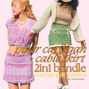 Piper Crochet Cable Vest, Cardigan and Cable Skirt Bundle Pattern - Mini, Midi & Maxi Lengths, Beginner-Friendly PDF, made to measure