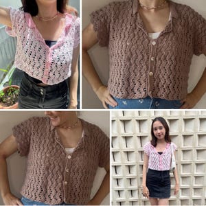 May include: A brown crochet top with a button-up front and short sleeves. The top has a delicate openwork pattern and is shown on a model wearing it with jeans.