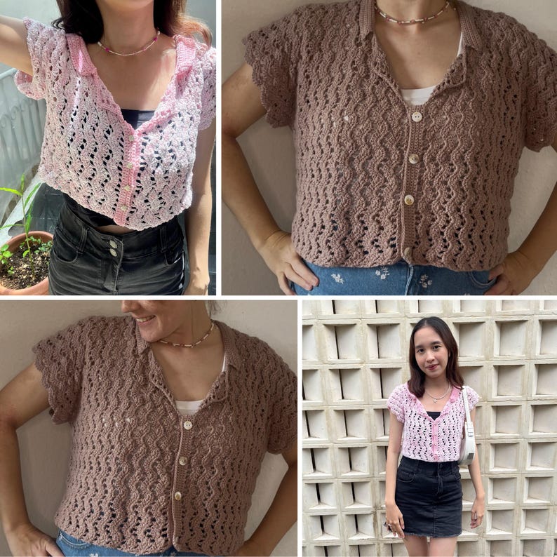 May include: A brown crochet top with a button-up front and short sleeves. The top has a delicate openwork pattern and is shown on a model wearing it with jeans.