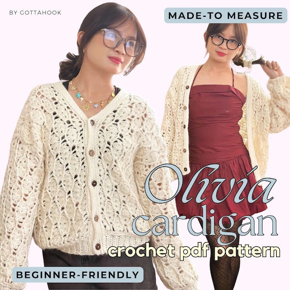 Olivia Crochet Cardigan Pattern PDF – Made to Measure Sweater Pattern – Custom Size Crochet Cardigan – DIY Crochet Clothing Tutorial