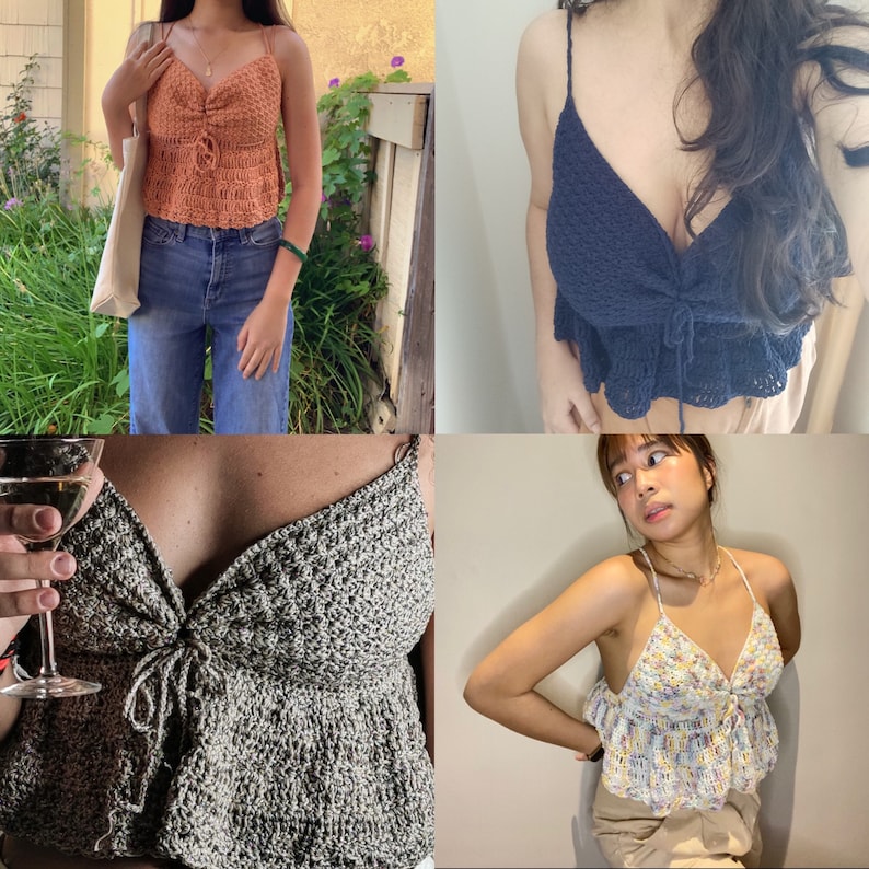 Puede incluir: Cuatro tops de crochet diferentes en varios colores y patrones. Los tops son todos sin mangas y tienen un ajuste holgado y fluido. Est&aacute;n hechos con una variedad de puntos de crochet y presentan una variedad de colores, incluyendo blanco, azul, naranja y verde.
