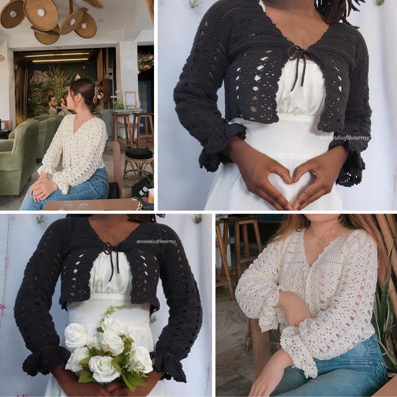 May include: A collage of four images showcasing crochet boleros. Two are cream-colored, and two are dark gray. The boleros have long sleeves with ruffled cuffs and are tied at the chest. The crochet pattern is open and airy.