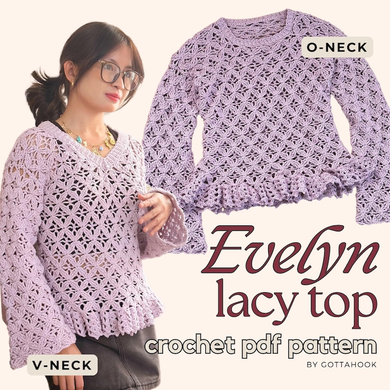 Evelyn Lacy Crochet Top - O Neck & V Neck Options - Instant PDF Download Crochet Pattern image 1
