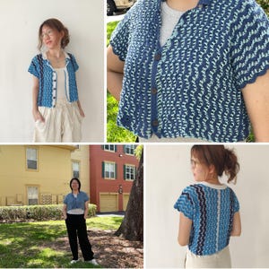 May include: A blue and white crocheted cropped cardigan with a button-up front. The cardigan has a wavy pattern and is shown being worn by three different people.