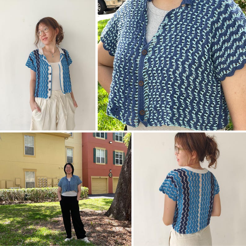 May include: A blue and white crocheted cropped cardigan with a button-up front. The cardigan has a wavy pattern and is shown being worn by three different people.