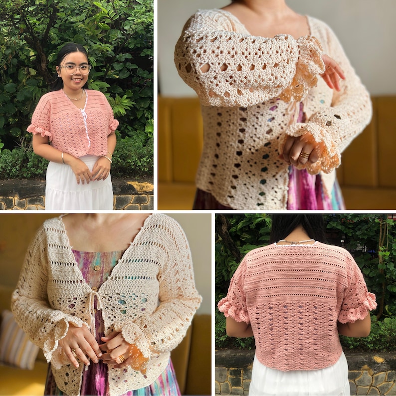 May include: A collection of crochet tops in various colors. One is a light pink with ruffled sleeves and a button closure. Another is a cream-colored cardigan with a tie closure and bell sleeves. The tops are handmade and have an open weave design.