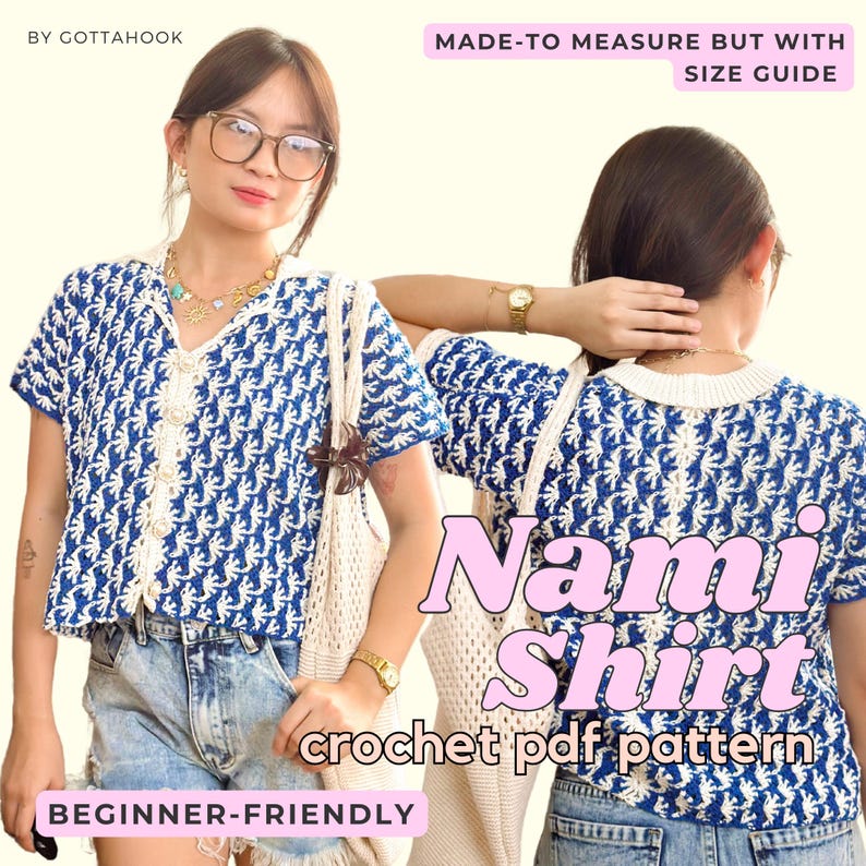 May include: A blue and white crochet shirt with a V-neck and short sleeves. The shirt has a repeating pattern and is paired with denim shorts. Text on the image reads "Nami Shirt crochet pdf pattern" and "Beginner-Friendly".