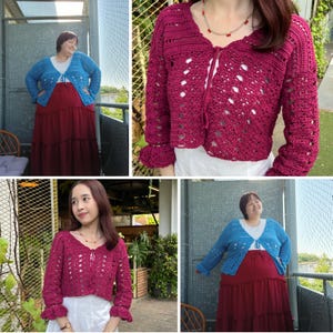 May include: Crocheted cardigan in a vibrant magenta color, featuring an openwork design and ruffled sleeves. The cardigan has a tie closure at the front. The image also shows a blue crocheted cardigan with a tie closure and a red tiered skirt.