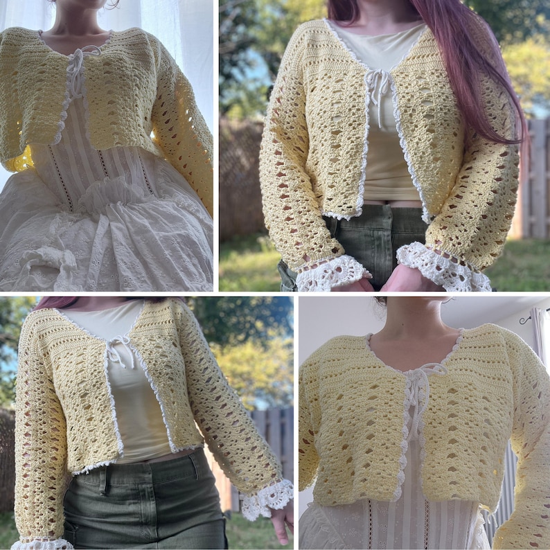 May include: A light yellow crochet cardigan with long sleeves and a tie closure. The cardigan has white lace trim on the cuffs and edges. The open weave design is visible.