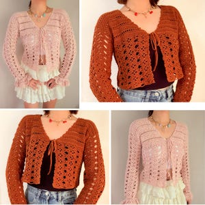 May include: Four crochet cardigans in the image. Two are a light pink color, and two are a brown color. The cardigans have long sleeves, a V-neck, and a tie closure. The sleeves have a decorative pattern.