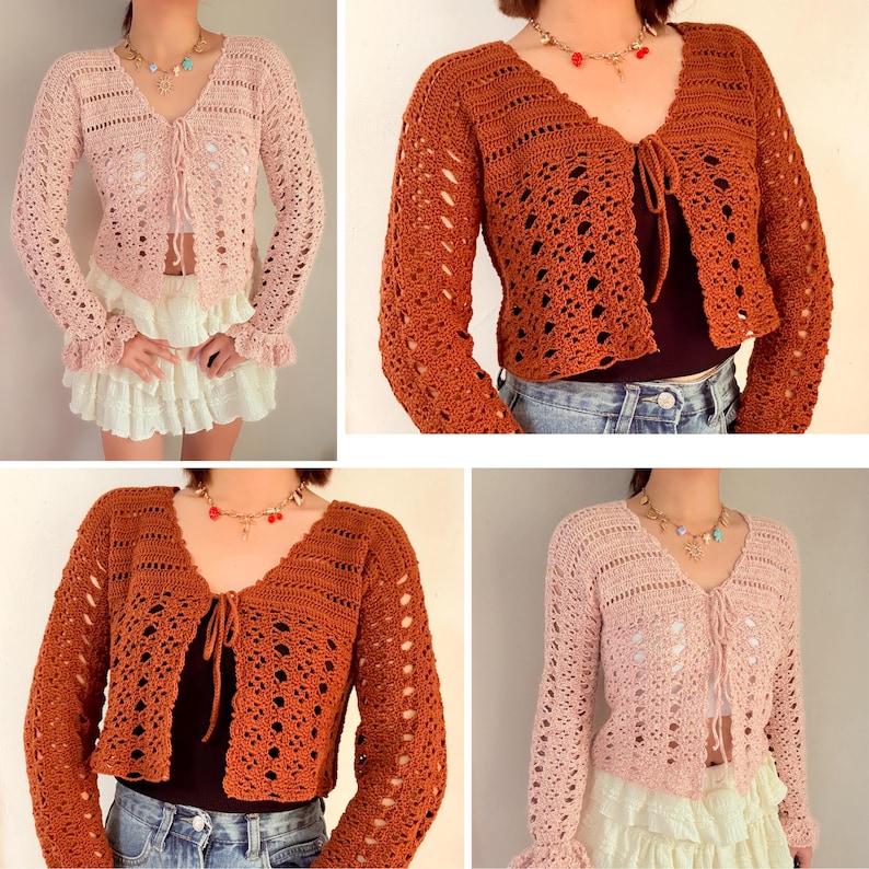 May include: Four crochet cardigans in the image. Two are a light pink color, and two are a brown color. The cardigans have long sleeves, a V-neck, and a tie closure. The sleeves have a decorative pattern.