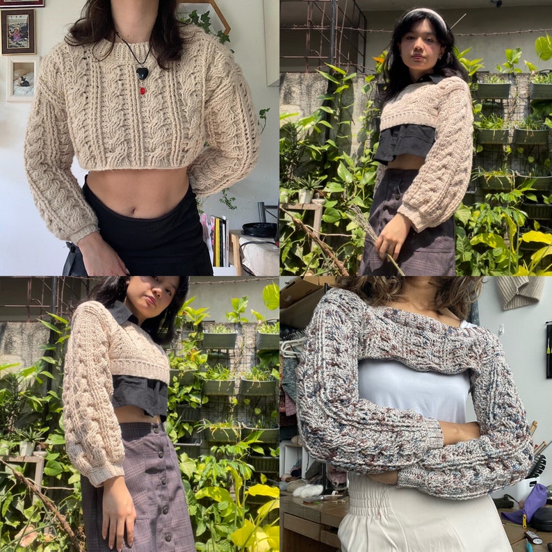 以下が含まれることがあります： 女性がベージュ、茶色、白のニットセーターを着ている4つの異なる切り抜き画像。セーターはクロップド丈で長袖です。セーターは、さまざまなスカートやパンツと合わせて着られています。