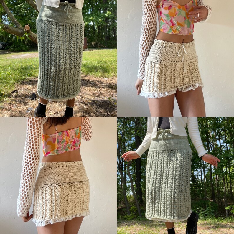 May include: Four different models wearing crochet skirts in green and cream colours. The skirts are all handmade and have a unique design. The models are wearing different tops and accessories.