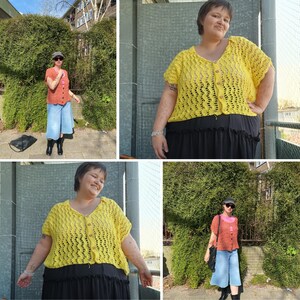 May include: Three women wearing yellow crochet tops with black skirts. The tops have a button closure and a lacy design. The women are standing in different locations, with one woman standing in front of a brick wall, one woman standing in front of a green fence, and one woman standing in front of a green bush.