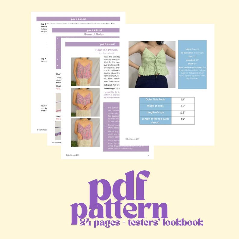 Puede incluir: Un patr&oacute;n de crochet para un top con instrucciones y medidas. El patr&oacute;n incluye un primer plano del top, una tabla con medidas y un lookbook de probadores que llevan el top. El patr&oacute;n tiene 24 p&aacute;ginas.