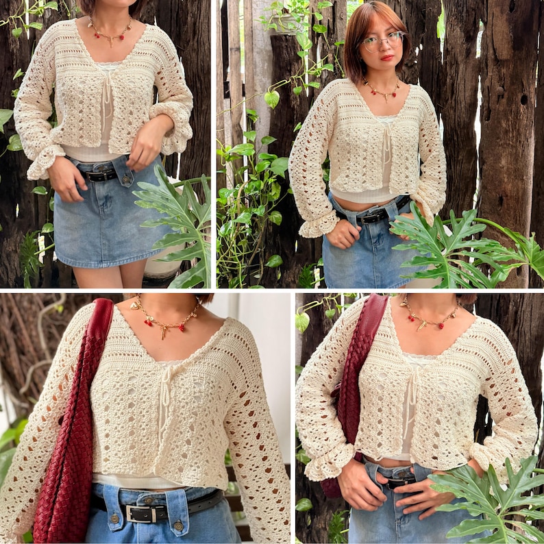 May include: Cream-colored, open-weave crochet cardigan with long sleeves and a tie closure. The sleeves have a ruffled cuff. The cardigan is paired with a white top and denim skirt. The overall style is bohemian and handmade.